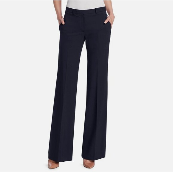 THEORY Demitria Crepe Wool Mid Rise Flare Leg Trouser Deep Navy Womens 6 Office - Picture 1 of 5